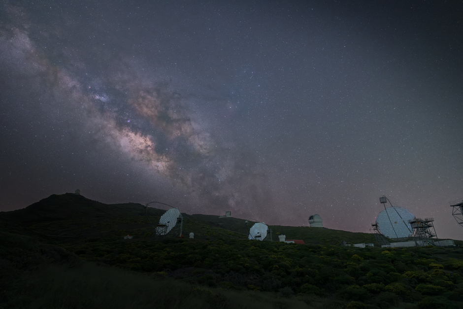 Stunning night sky with the Milky Way and telescopes in La Palma, Spain.